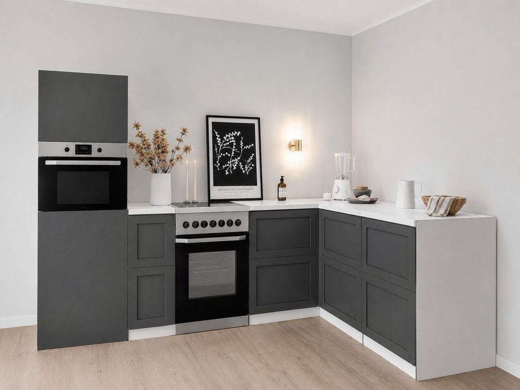 Cuisine d'angle en carton 270 × 180 cm avec colonne et maquette de cuisinière | Home Staging