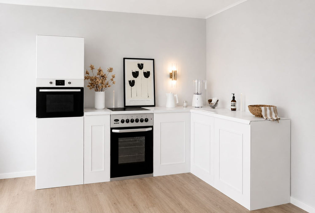 Cuisine d'angle en carton 270 × 180 cm avec colonne et maquette de cuisinière | Home Staging