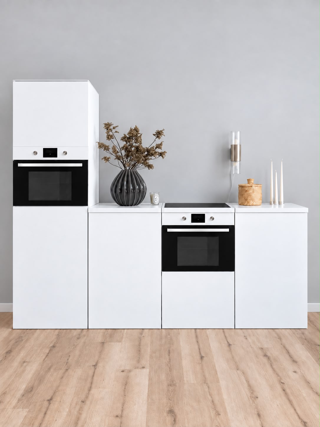 Cuisine ESSENTIAL blanche en carton 240 cm avec colonne